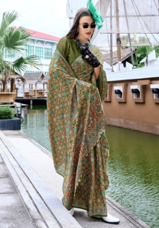 Picture of Grand Satin & Silk Dark Khaki Saree