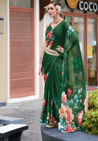 Picture of Charming Georgette Forest Green Saree