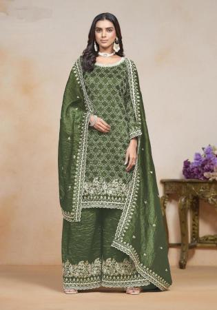 Picture of Chiffon Dark Olive Green Straight Cut Salwar Kameez