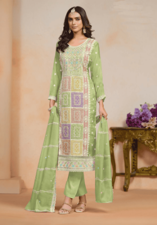 Picture of Organza Dark Khaki Straight Cut Salwar Kameez