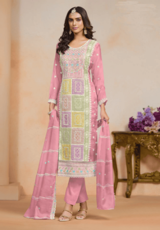 Picture of Organza Dark Salmon Straight Cut Salwar Kameez