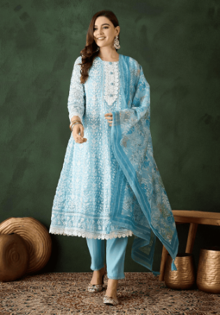 Picture of Silk & Organza Powder Blue Readymade Salwar Kameez