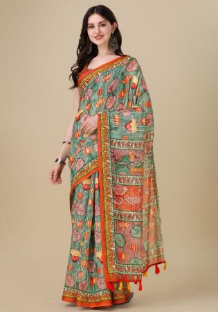 Picture of Amazing Linen & Silk Dark Sea Green Saree