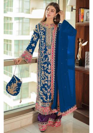 Picture of Chiffon & Silk Navy Blue Straight Cut Salwar Kameez