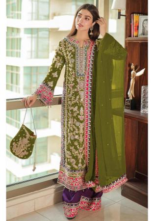 Picture of Chiffon & Silk Dark Olive Green Straight Cut Salwar Kameez