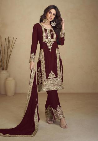 Picture of Delightful Georgette Maroon Straight Cut Salwar Kameez