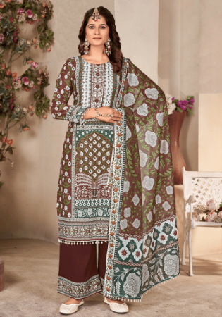 Picture of Chiffon Dark Olive Green Readymade Salwar Kameez