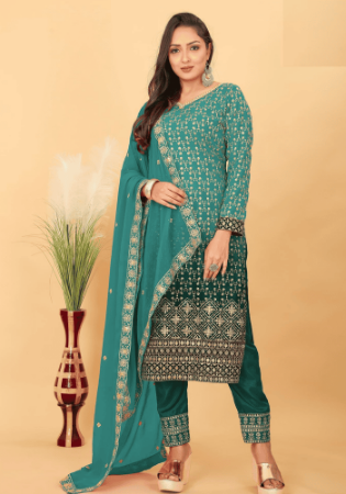 Picture of Georgette & Silk Sea Green Straight Cut Salwar Kameez