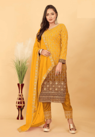 Picture of Georgette & Silk Orange Straight Cut Salwar Kameez