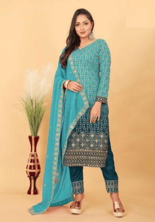 Picture of Georgette & Silk Steel Blue Straight Cut Salwar Kameez