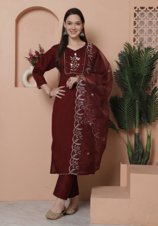 Picture of Lovely Silk Maroon Readymade Salwar Kameez