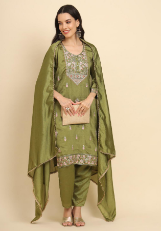 Picture of Appealing Silk Dark Khaki Readymade Salwar Kameez