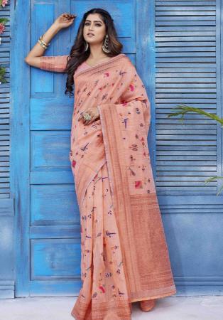 Picture of Elegant Linen & Silk Dark Salmon Saree