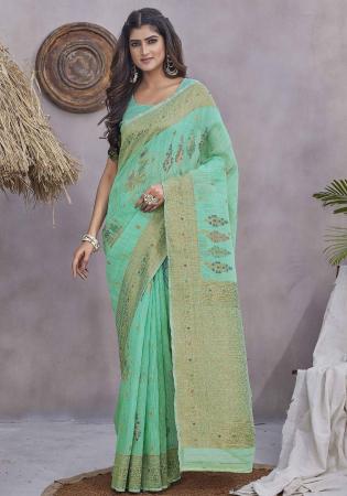 Picture of Alluring Linen & Silk Medium Aqua Marine Saree