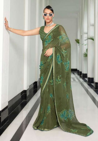 Picture of Wonderful Georgette Dark Olive Green Saree