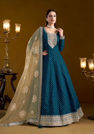 Picture of Well Formed Chiffon Teal Anarkali Salwar Kameez