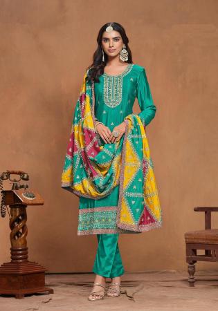 Picture of Marvelous Chiffon Dark Cyan Straight Cut Salwar Kameez