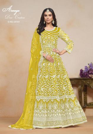 Picture of Well Formed Net Yellow Anarkali Salwar Kameez