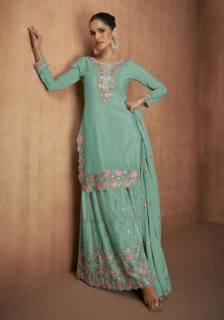 Picture of Chiffon Dark Sea Green Straight Cut Salwar Kameez