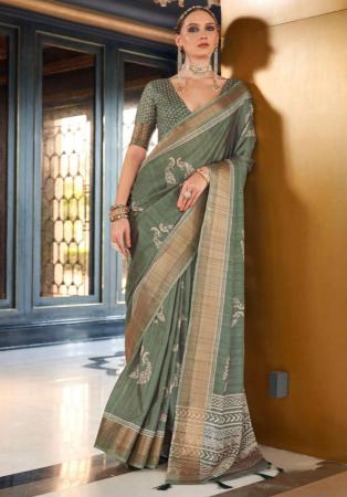 Picture of Excellent Silk Dark Olive Green Saree