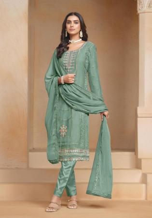 Picture of Chiffon & Organza Medium Sea Green Straight Cut Salwar Kameez