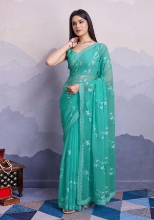 Picture of Stunning Chiffon Light Sea Green Saree