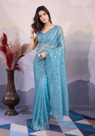 Picture of Shapely Net Light Blue Saree