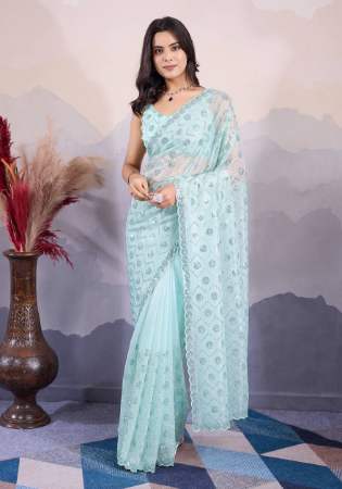 Picture of Shapely Net Light Steel Blue Saree