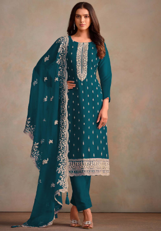 Picture of Amazing Organza Teal Straight Cut Salwar Kameez