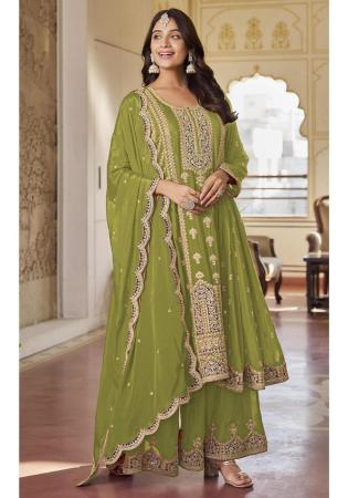 Picture of Chiffon Dark Olive Green Straight Cut Salwar Kameez