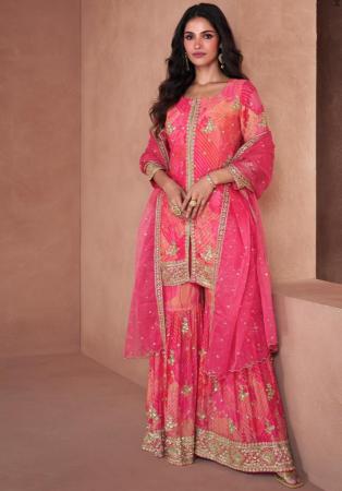 Picture of Georgette Dark Salmon Straight Cut Salwar Kameez