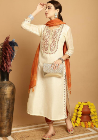 Picture of Rayon & Chiffon Antique White Readymade Salwar Kameez