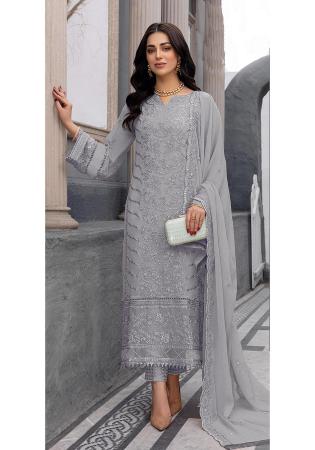 Picture of Georgette Light Slate Grey Straight Cut Salwar Kameez