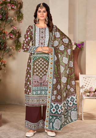 Picture of Chiffon Dark Olive Green Readymade Salwar Kameez