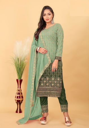 Picture of Georgette & Silk Dark Sea Green Straight Cut Salwar Kameez