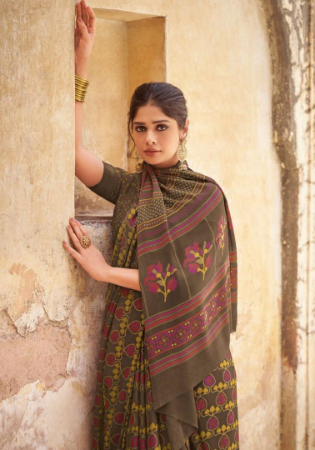 Picture of Comely Crepe & Satin Dark Olive Green Saree