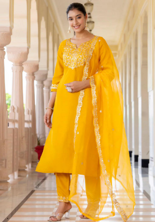 Picture of Stunning Silk Yellow Readymade Salwar Kameez