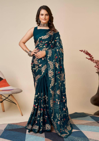 Picture of Graceful Silk & Organza Midnight Blue Saree