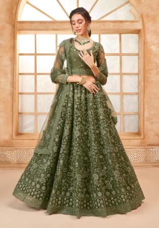 Picture of Fascinating Net Dark Olive Green Lehenga Choli