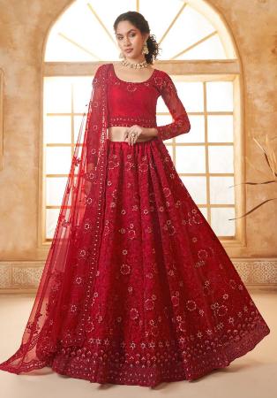 Picture of Splendid Net Dark Red Lehenga Choli