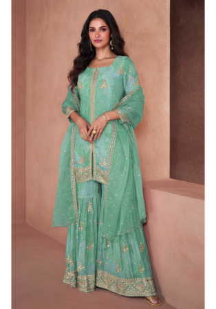 Picture of Georgette Dark Sea Green Straight Cut Salwar Kameez