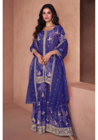 Picture of Georgette Dark Slate Blue Straight Cut Salwar Kameez