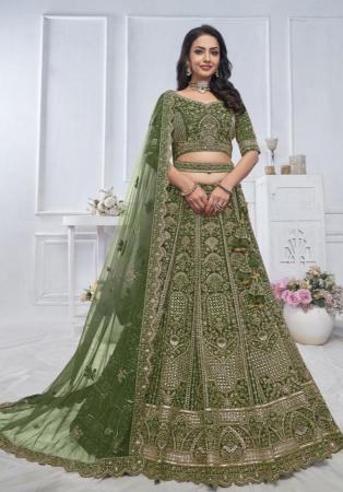 Picture of Wonderful Net Dark Olive Green Lehenga Choli