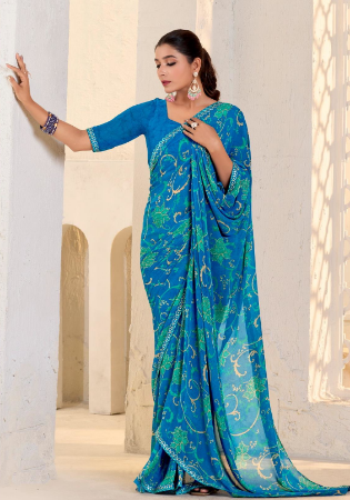 Picture of Amazing Georgette Dark Cyan Saree