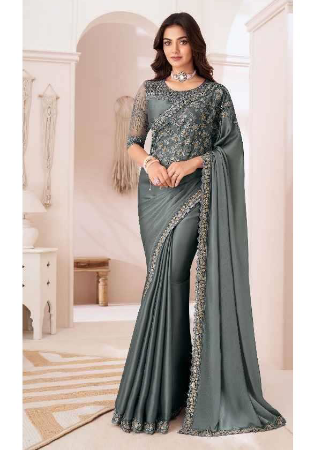 Picture of Grand Chiffon & Satin Slate Grey Saree