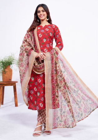 Picture of Statuesque Cotton Indian Red Readymade Salwar Kameez