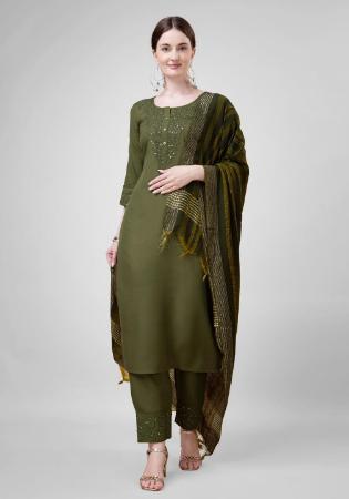 Picture of Cotton Dark Olive Green Readymade Salwar Kameez