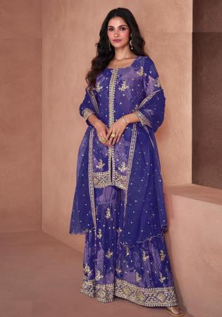 Picture of Georgette Dark Slate Blue Straight Cut Salwar Kameez