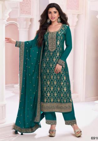 Picture of Delightful Georgette Teal Straight Cut Salwar Kameez