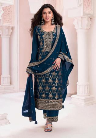 Picture of Magnificent Chiffon Navy Blue Straight Cut Salwar Kameez